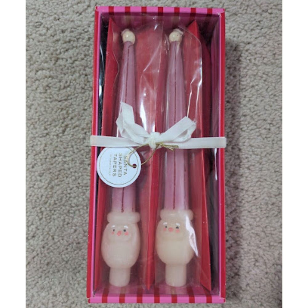 NIB Anthropologie Pink and Red Handpainted Santa Taper Candles, Set of 2